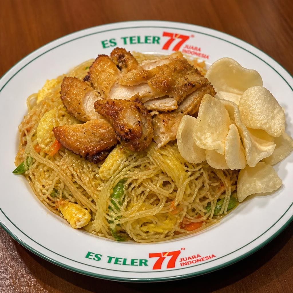 Bihun Goreng 77 Es Teler 77 dengan ayam goreng dan telur orak-arik